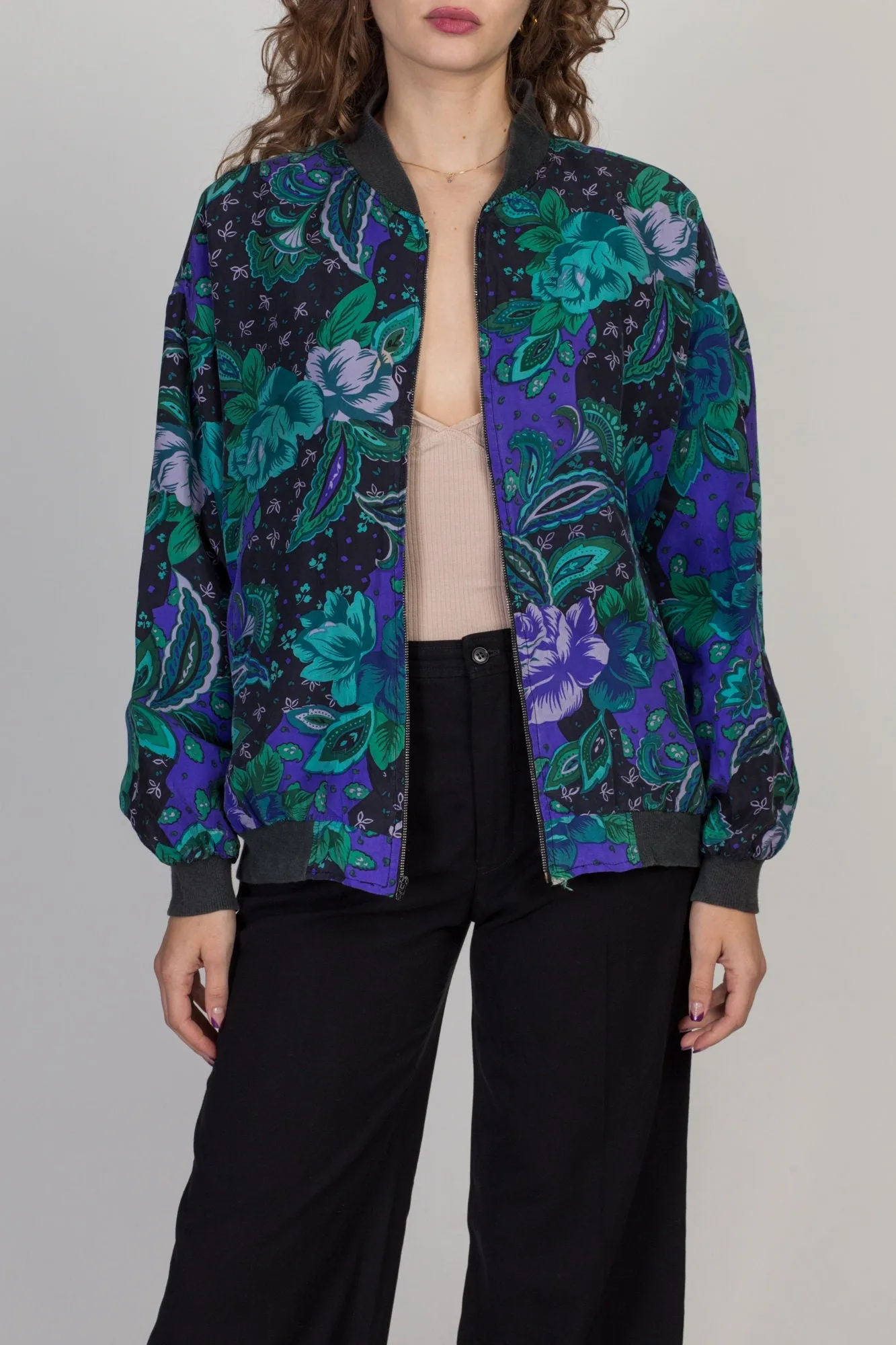 80s Silk Floral Print Jacket - Large to XL