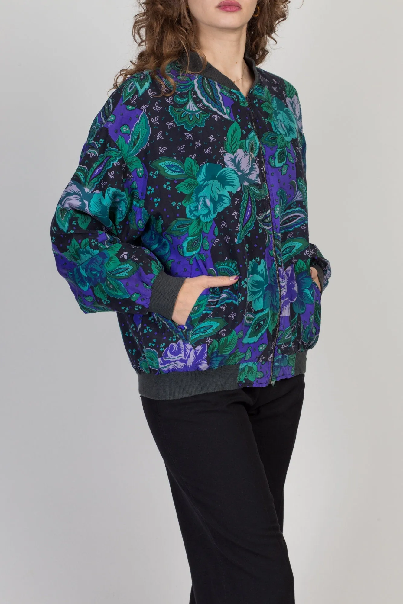 80s Silk Floral Print Jacket - Large to XL