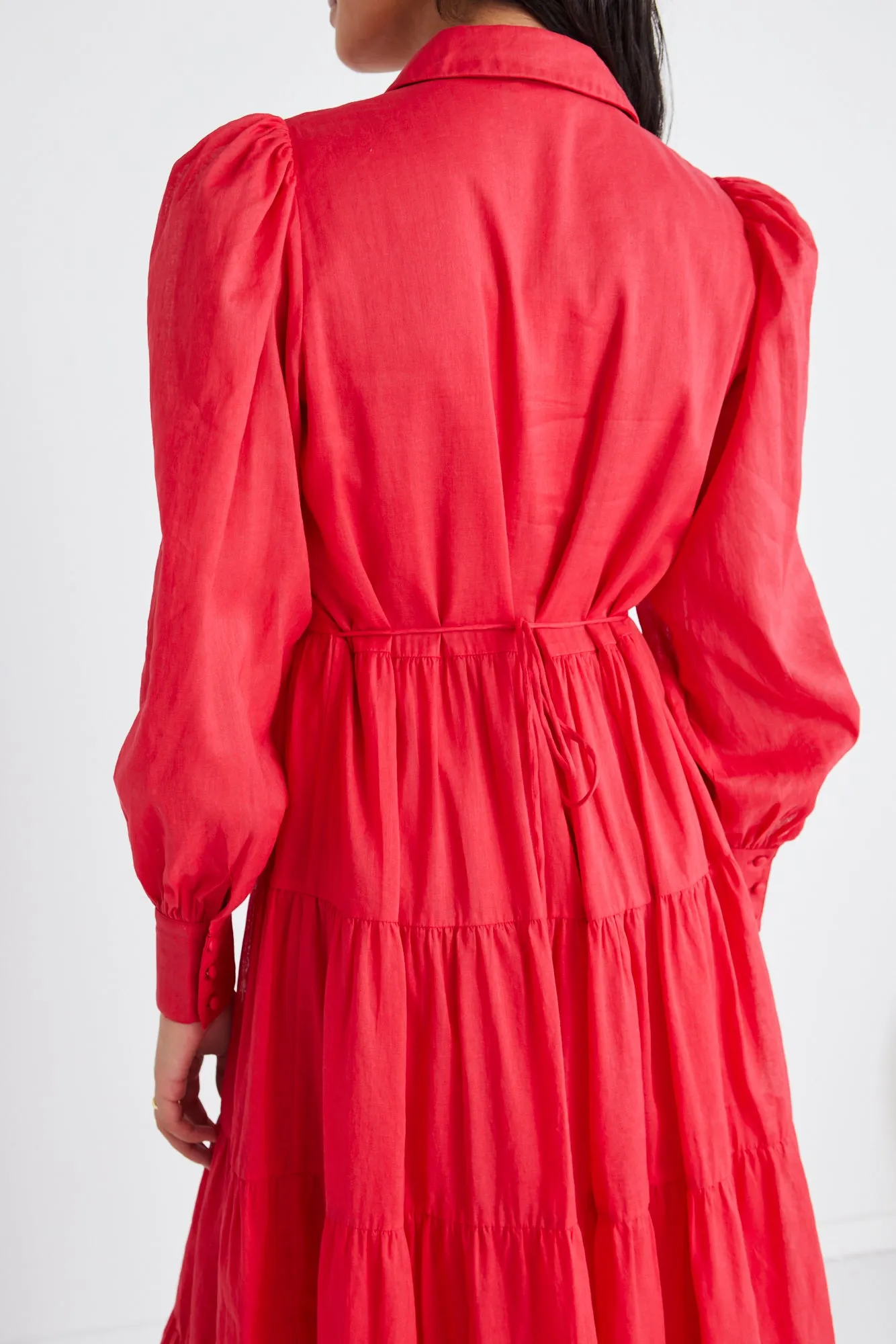 Adair Cherry Linen Blend Tiered Shirt Style Maxi Dress