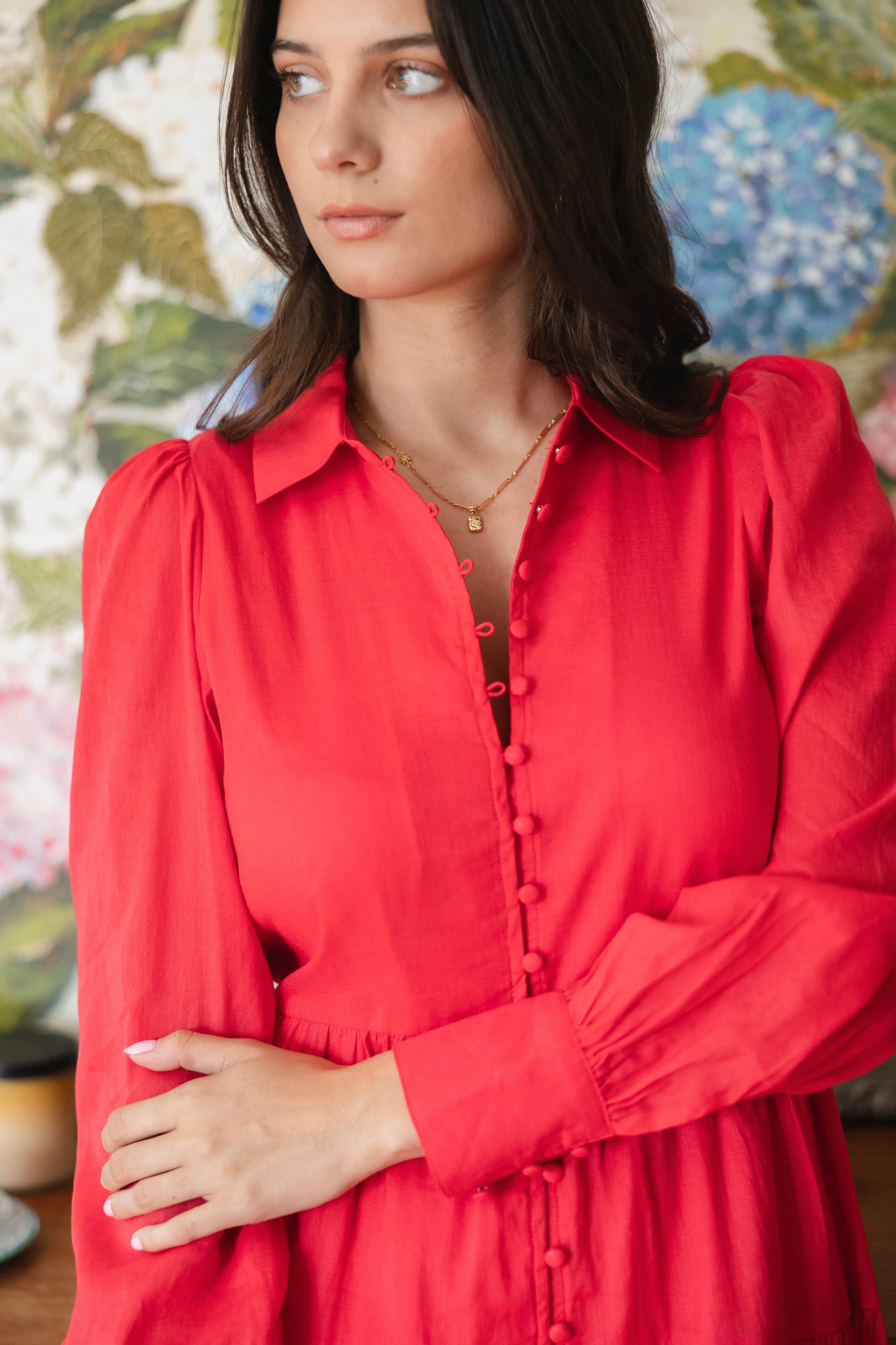 Adair Cherry Linen Blend Tiered Shirt Style Maxi Dress