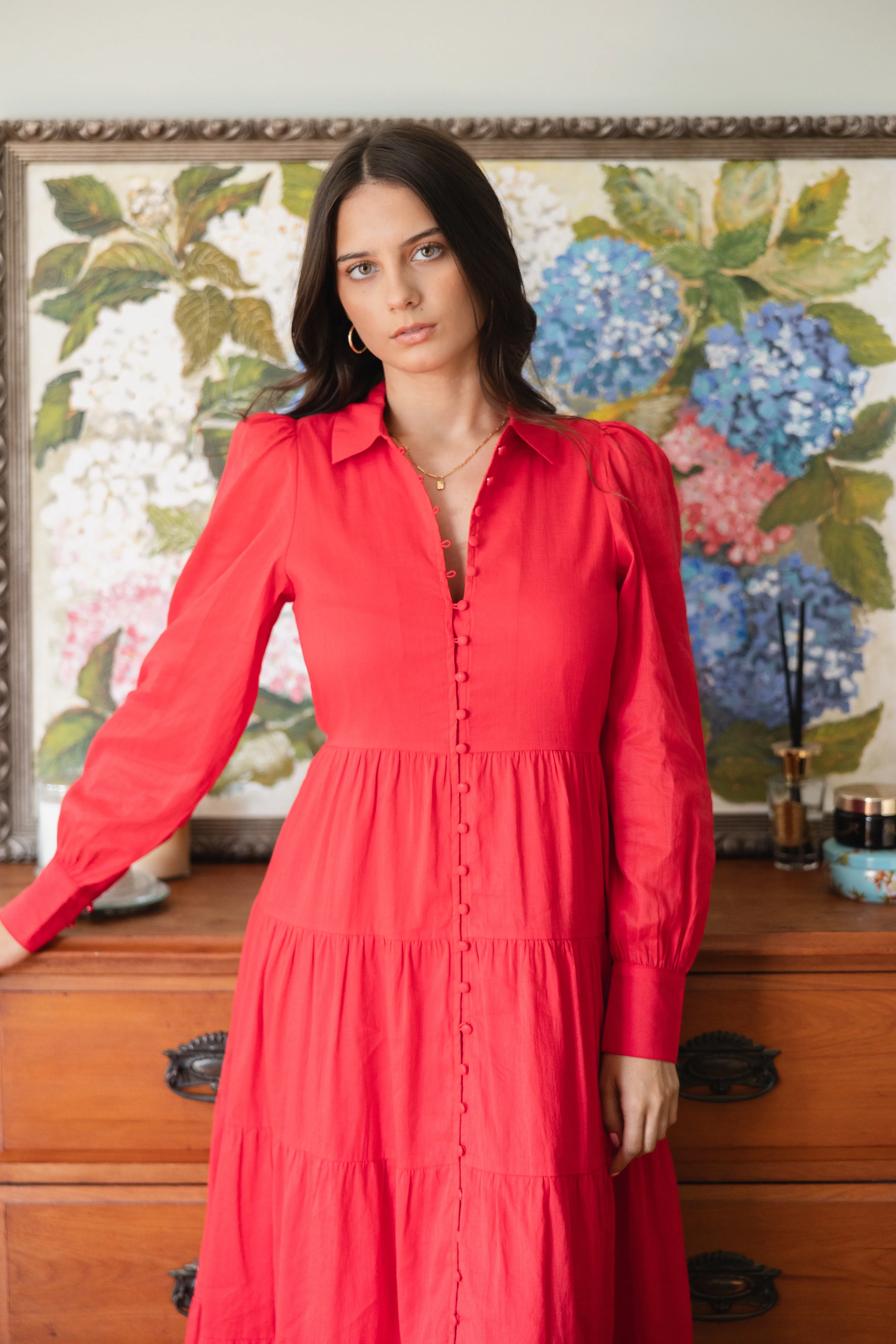 Adair Cherry Linen Blend Tiered Shirt Style Maxi Dress