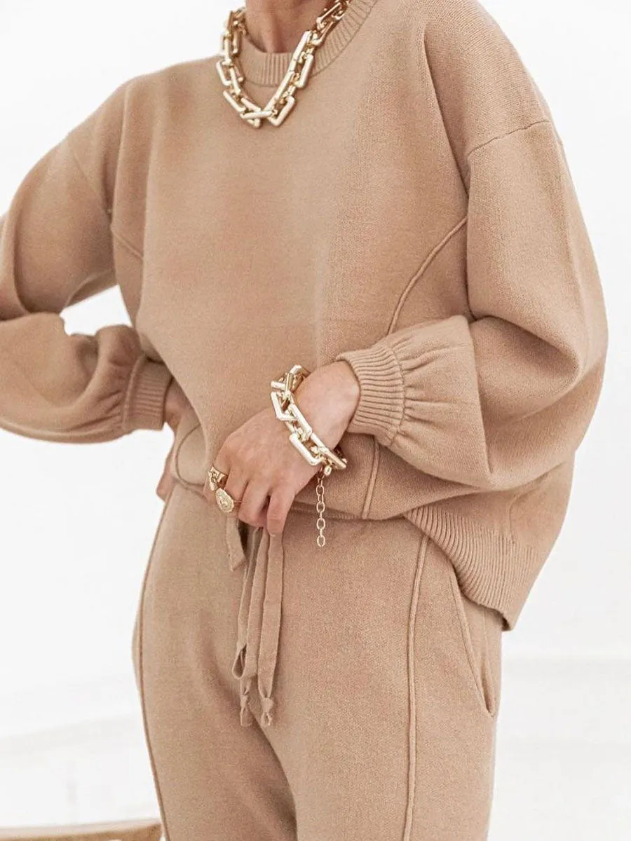 Autumn Winter Casual Solid Color Knitted Women's Suit