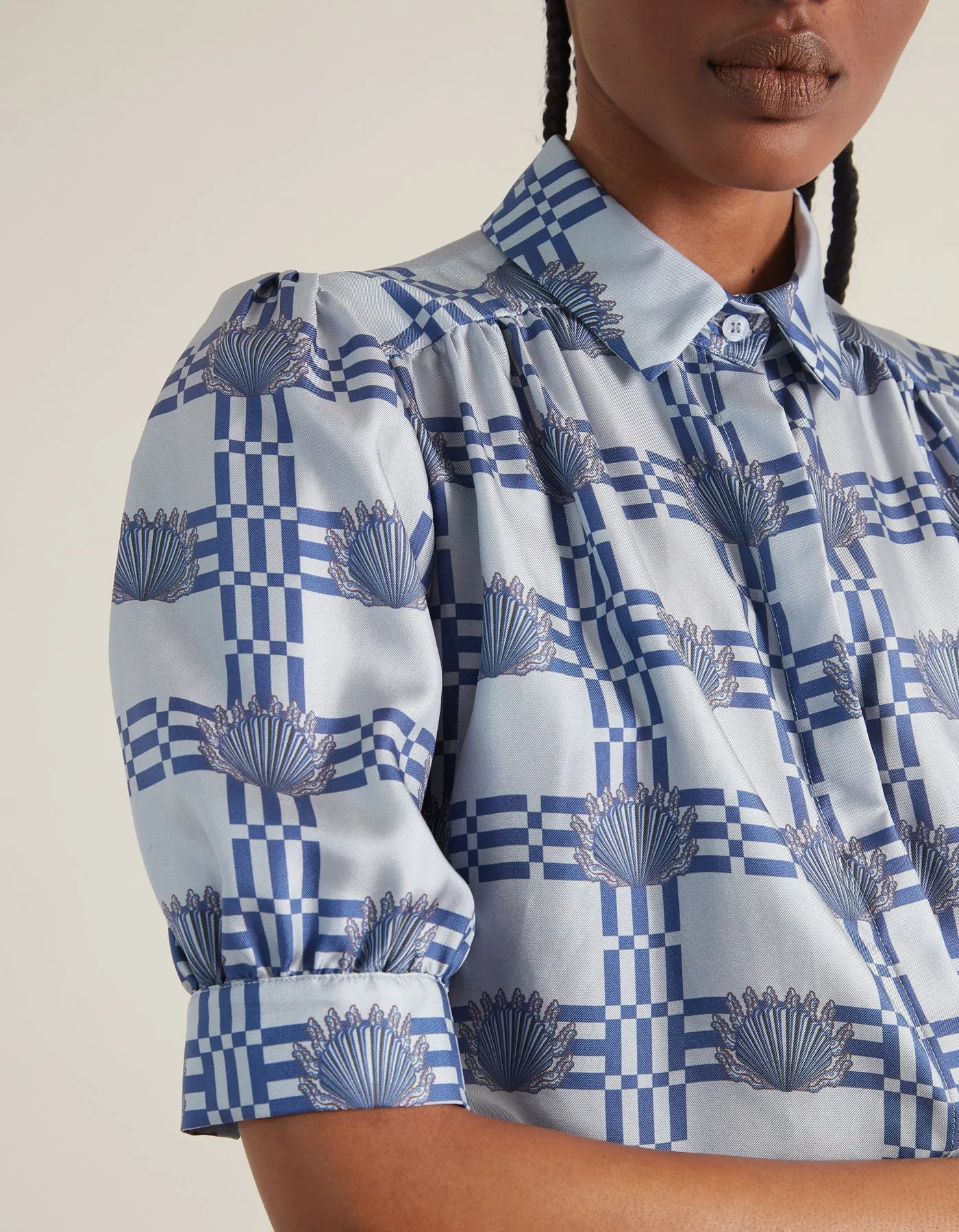 Betty Silk Twill Denim Blue Shell Print