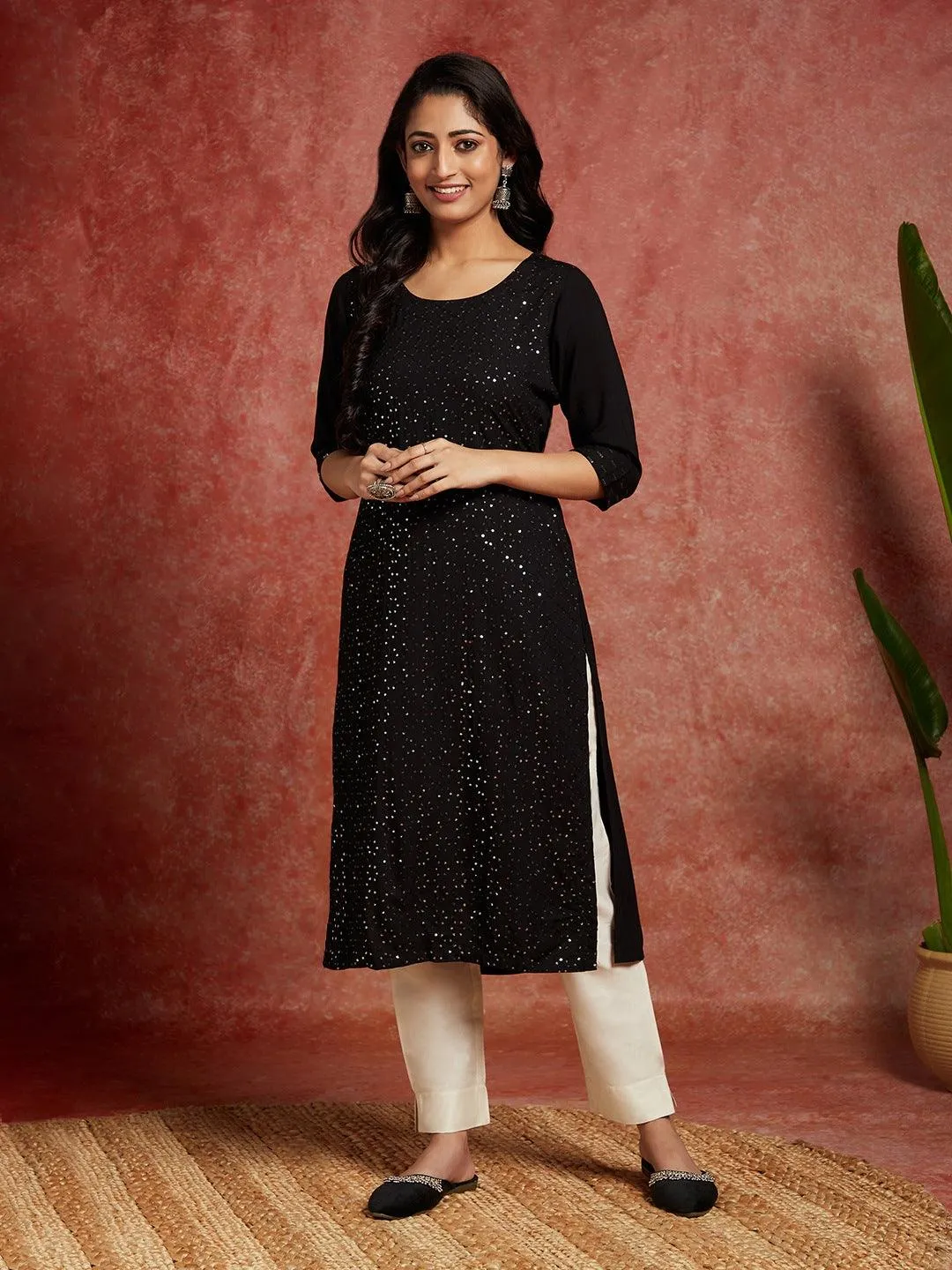 Black Embellished Rayon Straight Kurta