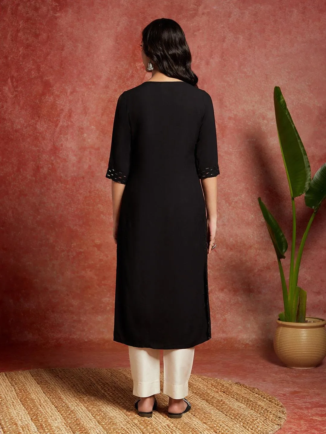 Black Embellished Rayon Straight Kurta