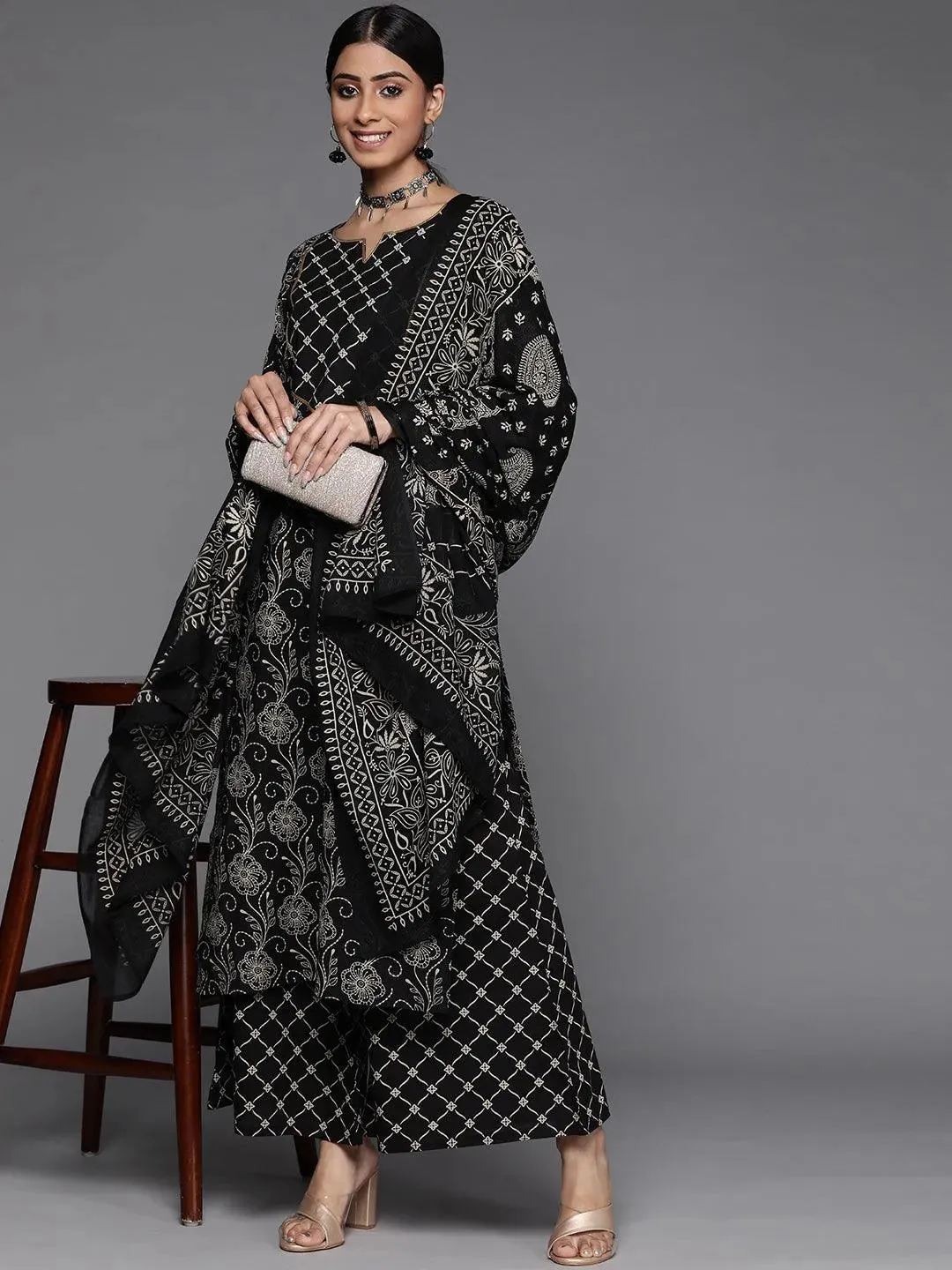 Black Printed Cotton Straight Kurta With Palazzos & Dupatta