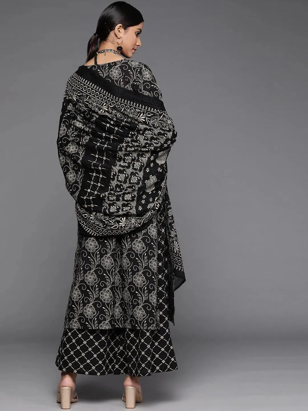 Black Printed Cotton Straight Kurta With Palazzos & Dupatta
