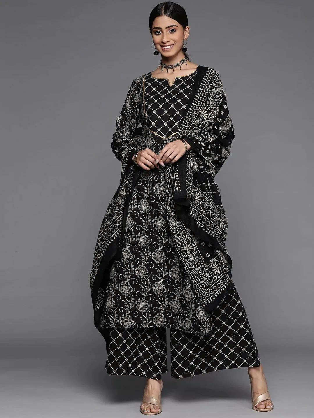 Black Printed Cotton Straight Kurta With Palazzos & Dupatta