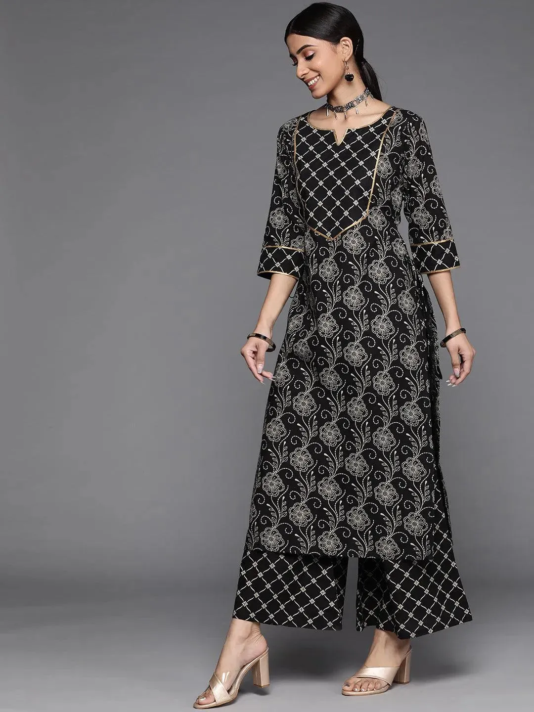 Black Printed Cotton Straight Kurta With Palazzos & Dupatta