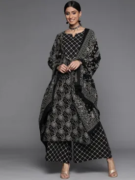 Black Printed Cotton Straight Kurta With Palazzos & Dupatta