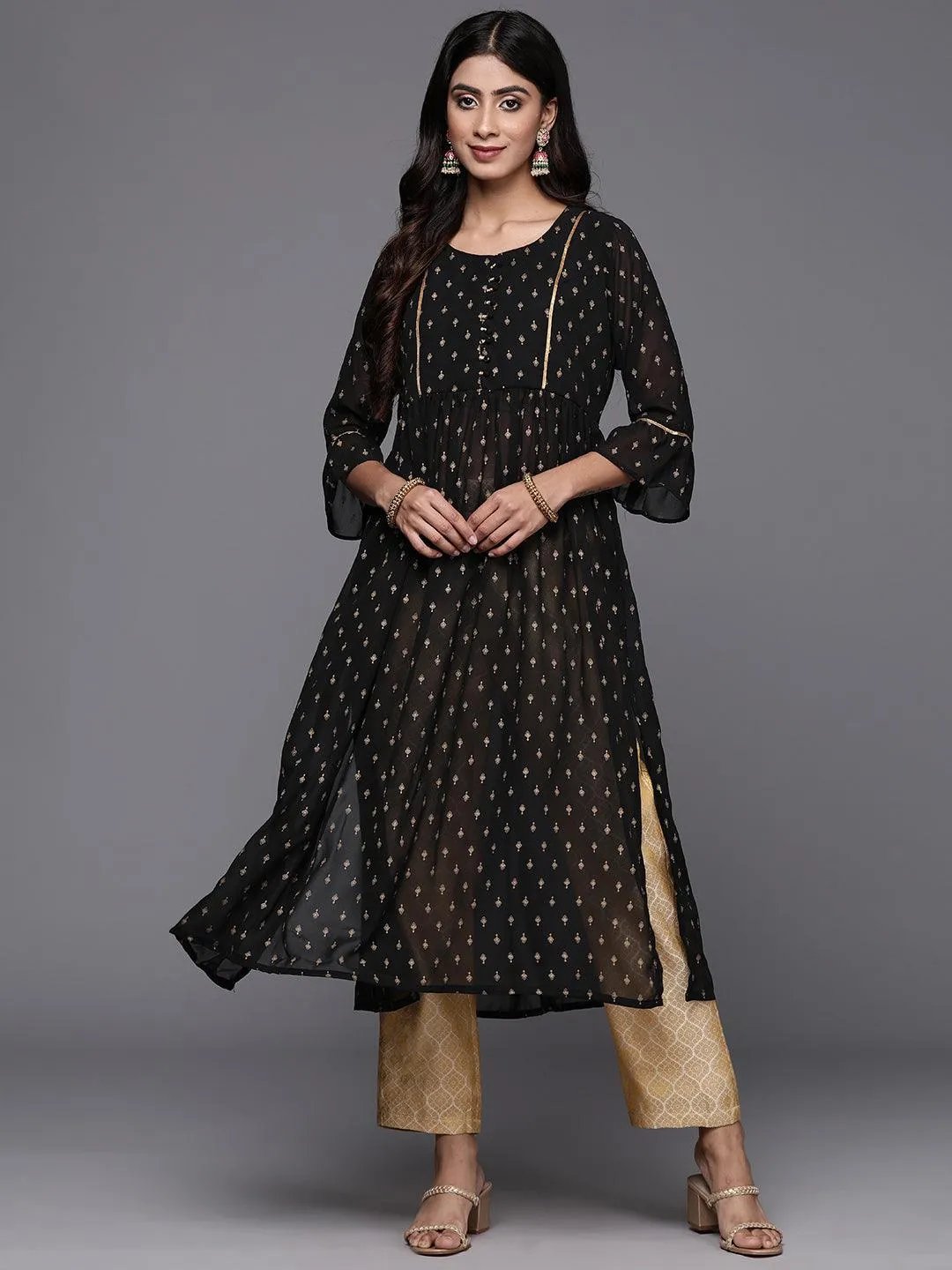 Black Printed Georgette A-Line Kurta