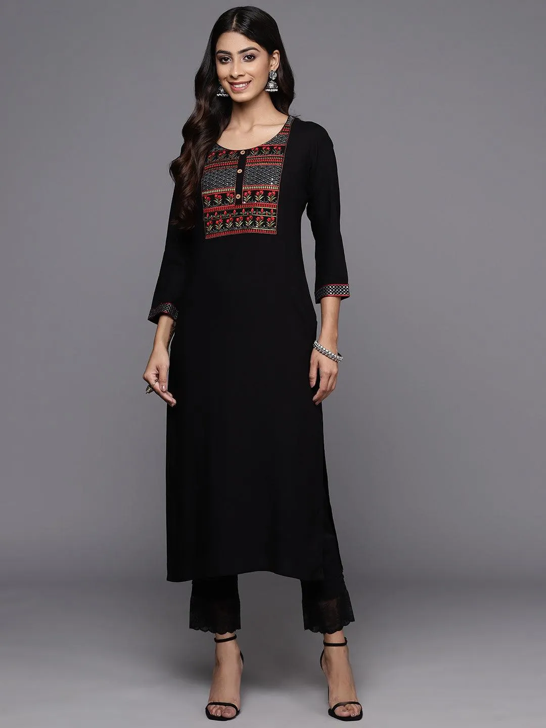 Black Yoke Design Rayon Straight Kurta