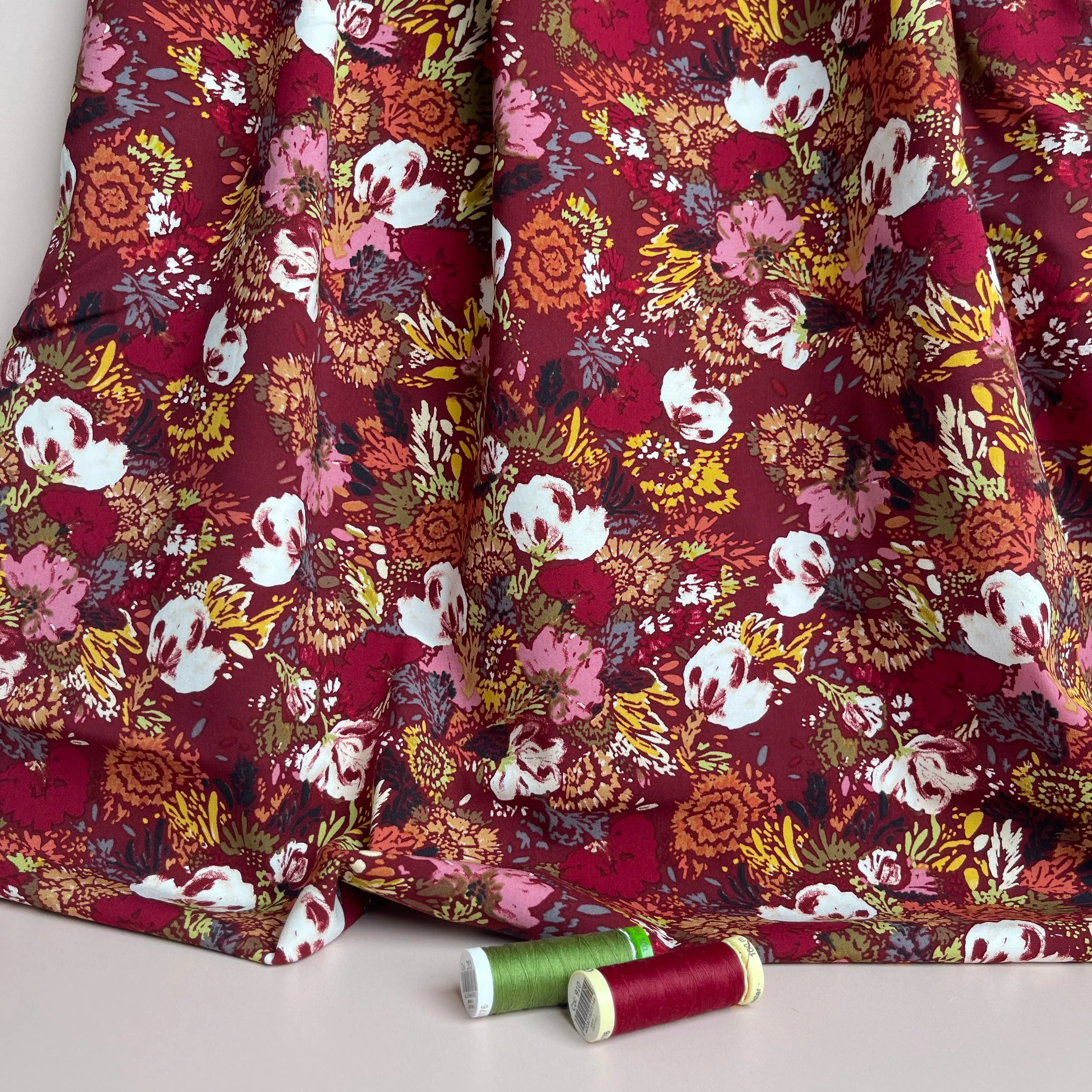 Botany on Burgundy Stretch Viscose Poplin Fabric