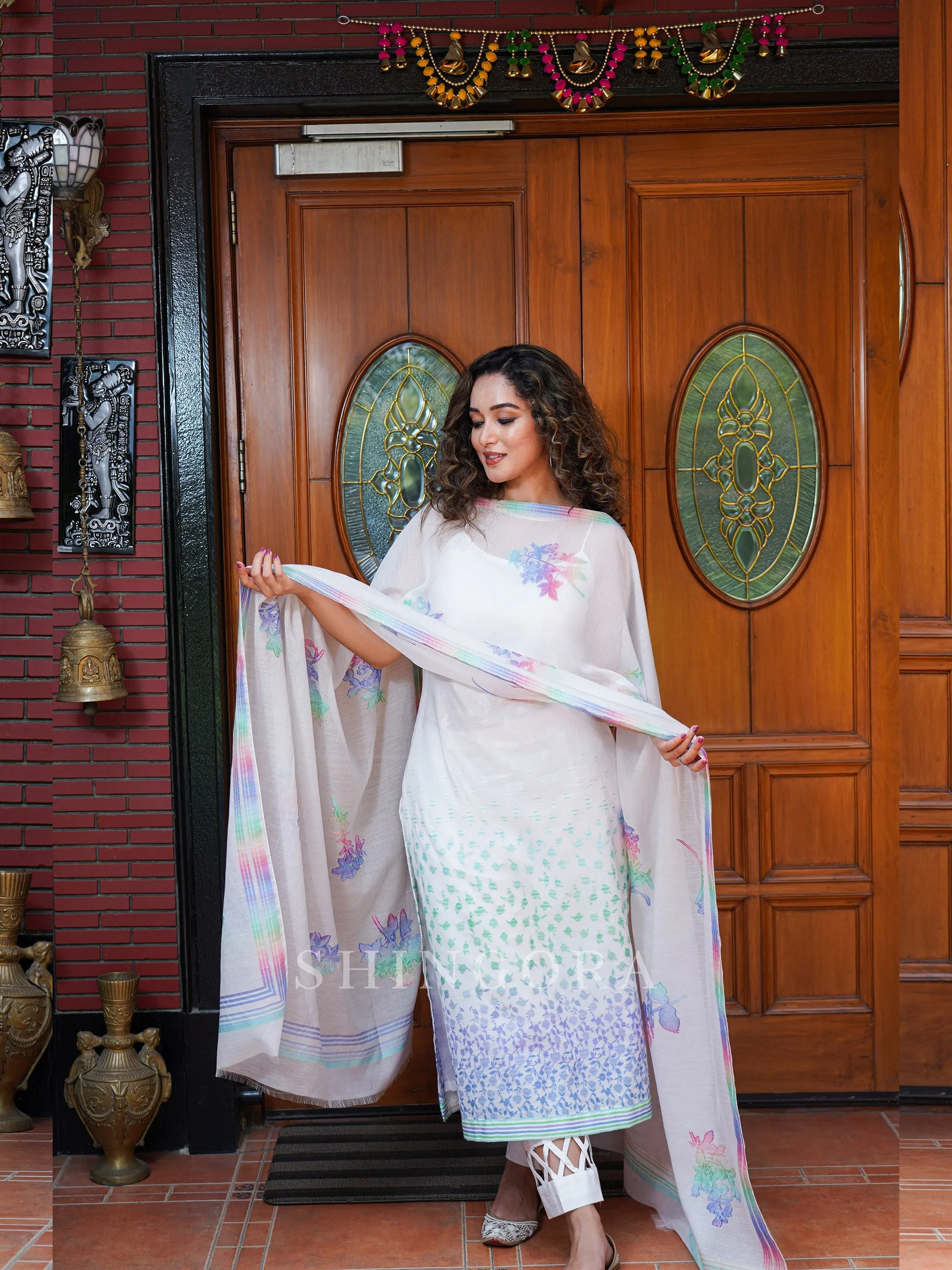 Bunai: White Jacquard Woven Unstitched Suit with Dupatta