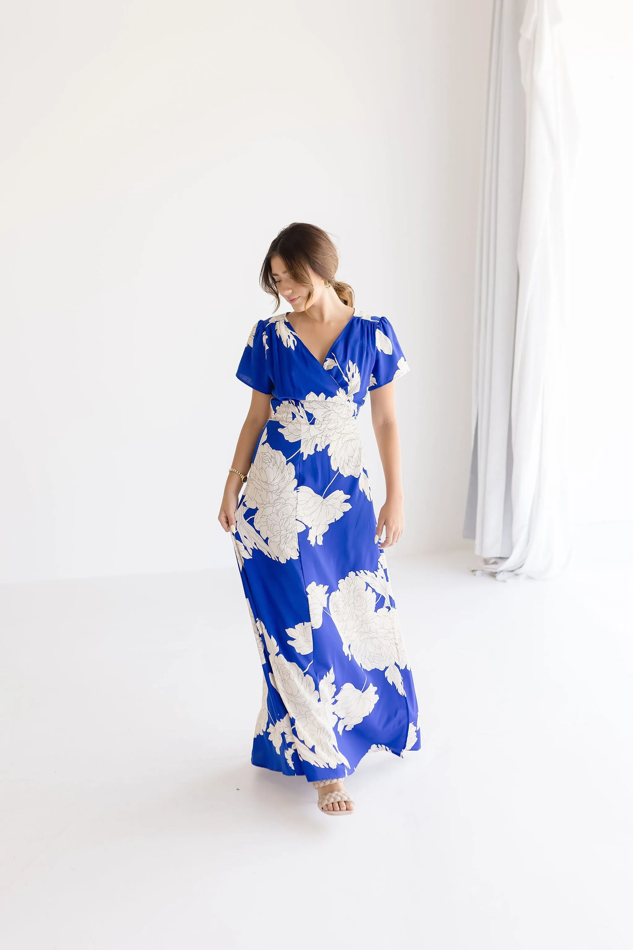 Cameron Short Sleeve Floral Print Wrap Maxi Dress Blue