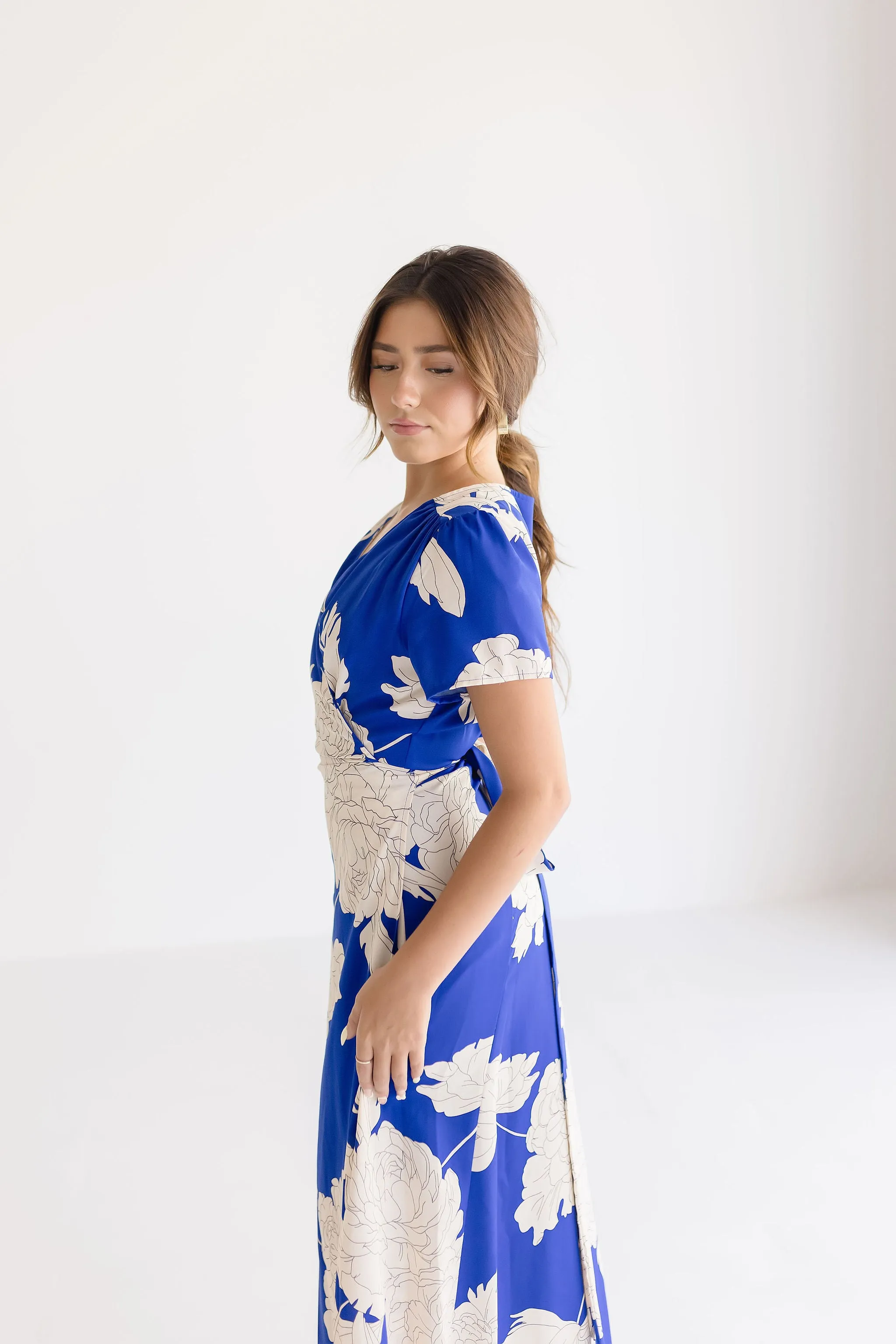 Cameron Short Sleeve Floral Print Wrap Maxi Dress Blue