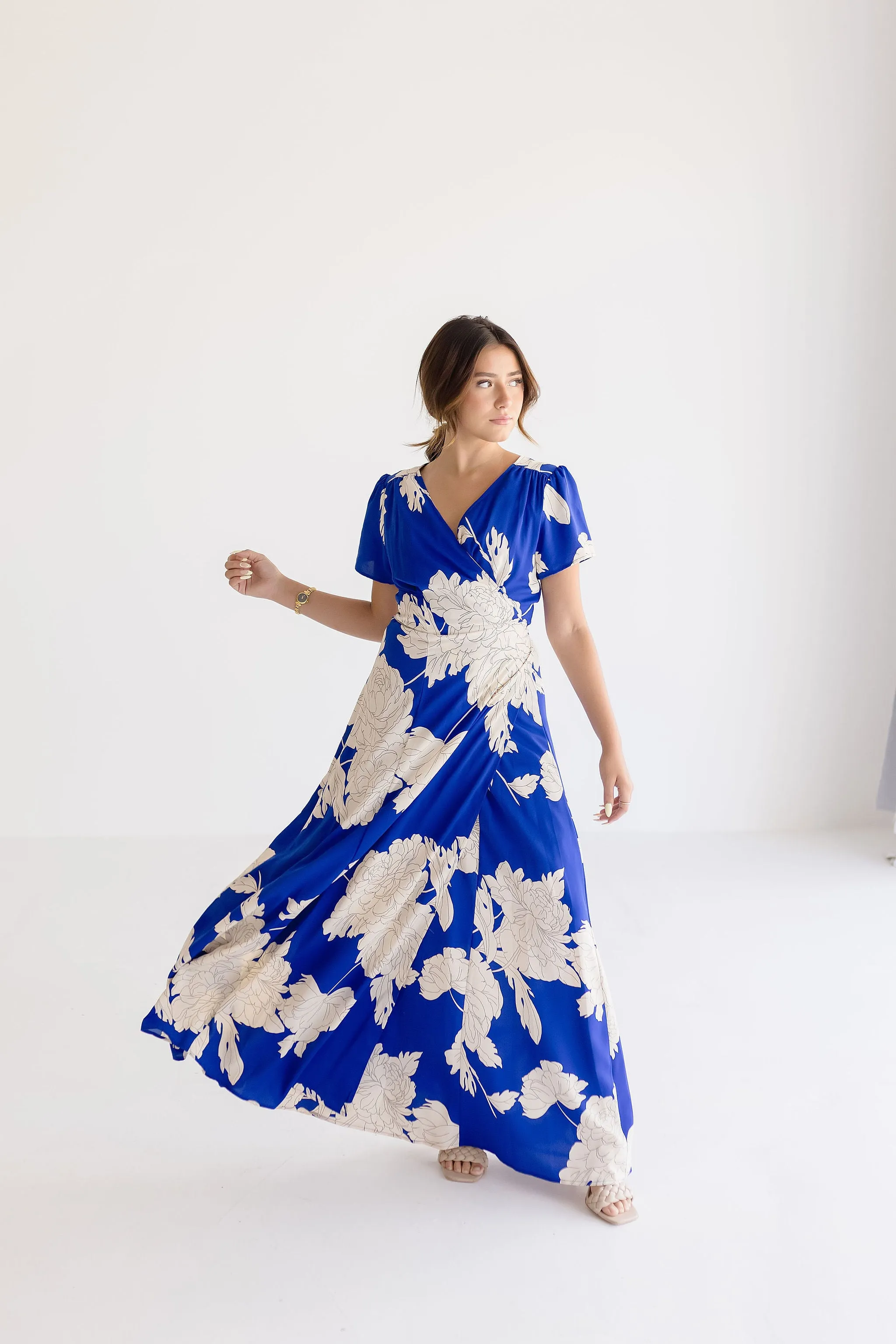Cameron Short Sleeve Floral Print Wrap Maxi Dress Blue