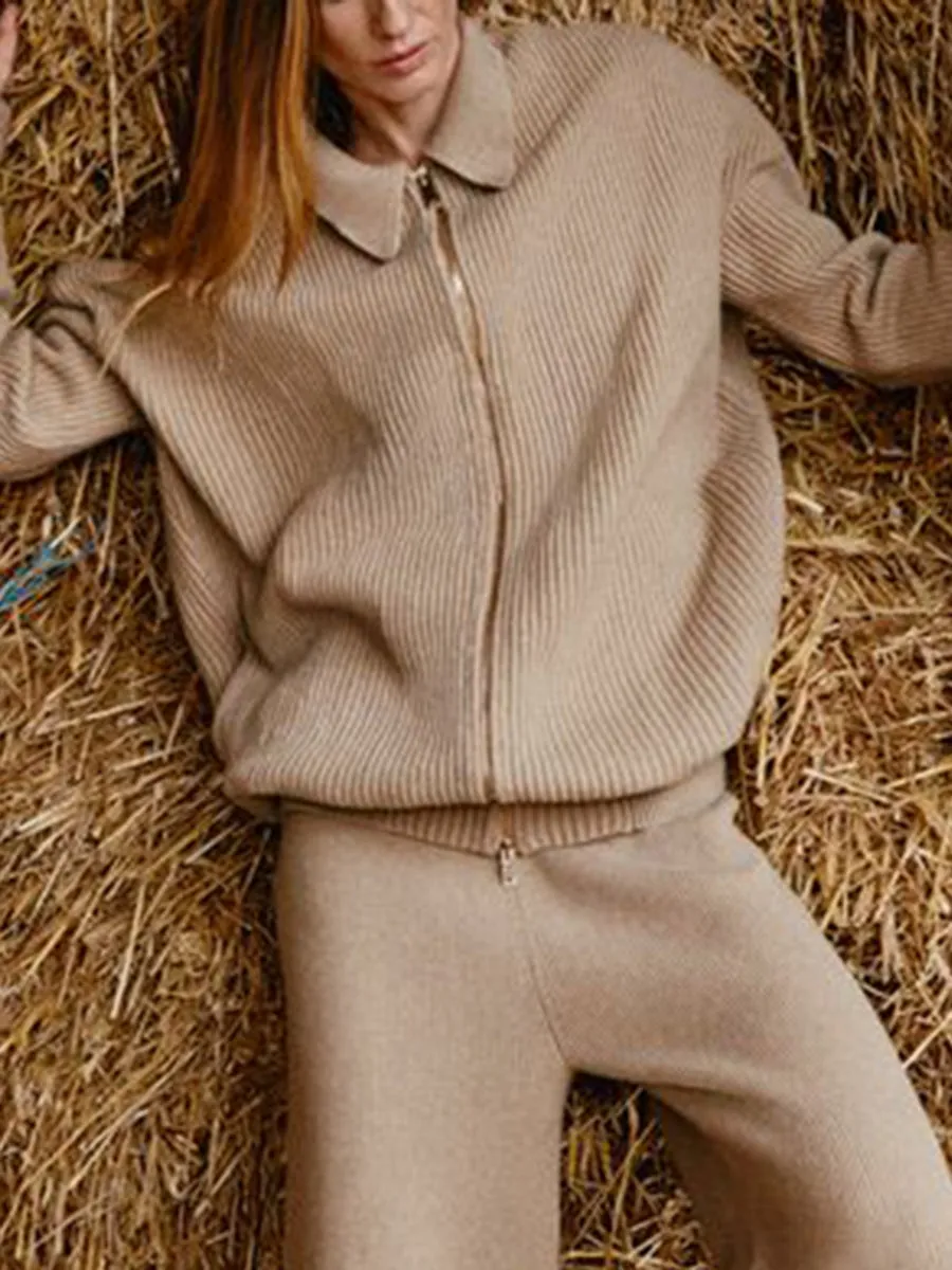 Casual Lapel Zipper Knitted Long Sleeve Two-Piece Suit