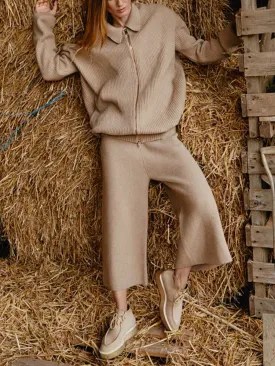 Casual Lapel Zipper Knitted Long Sleeve Two-Piece Suit