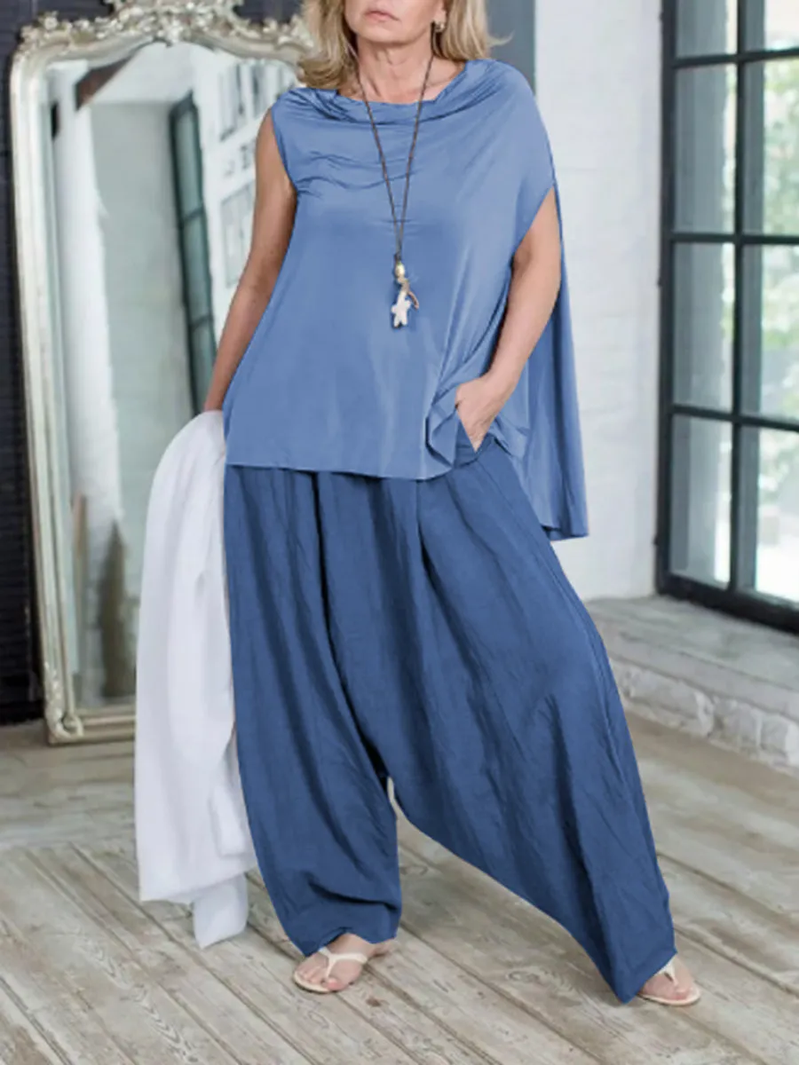 Casual Sleeveless Pleated Round Neck Women'S Suit