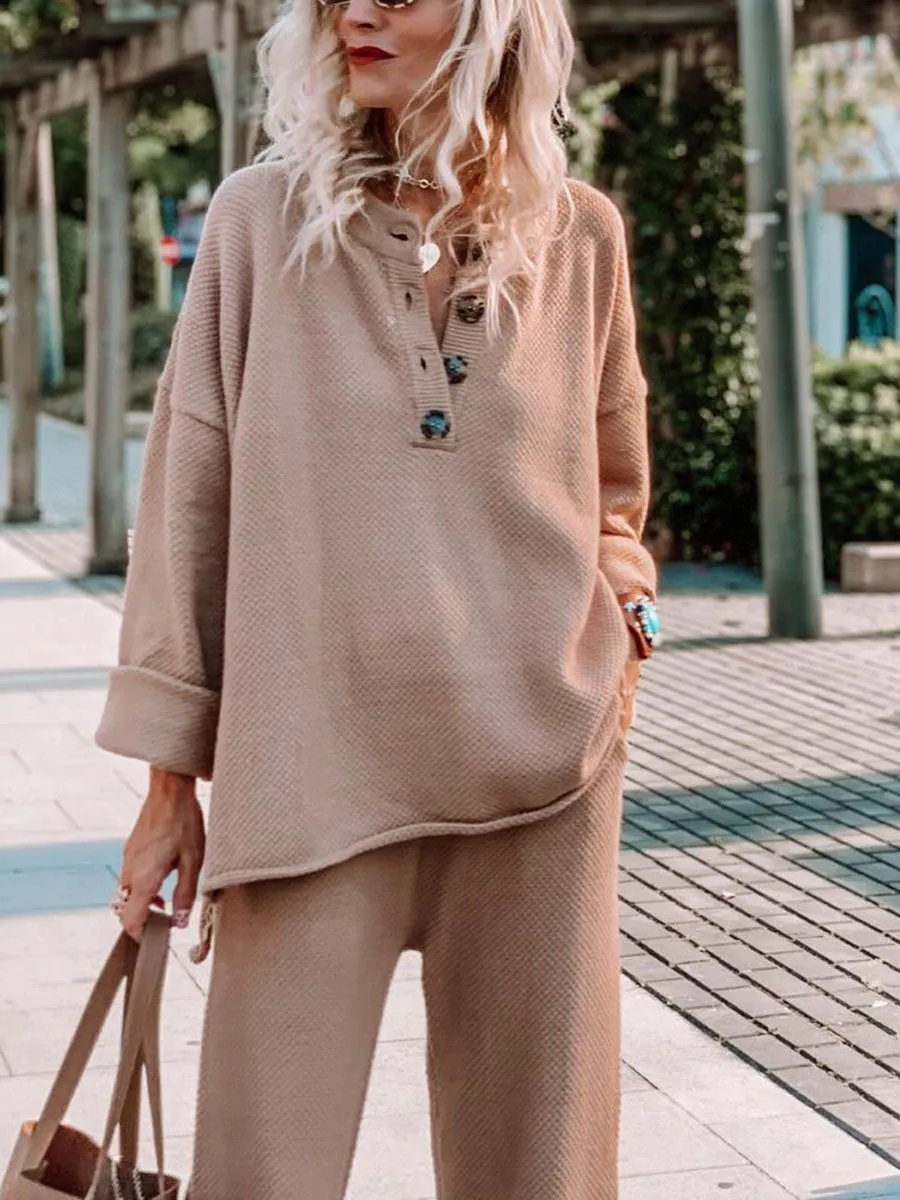 Casual Solid Color Loose Women'S Knitted Two-Piece Suit