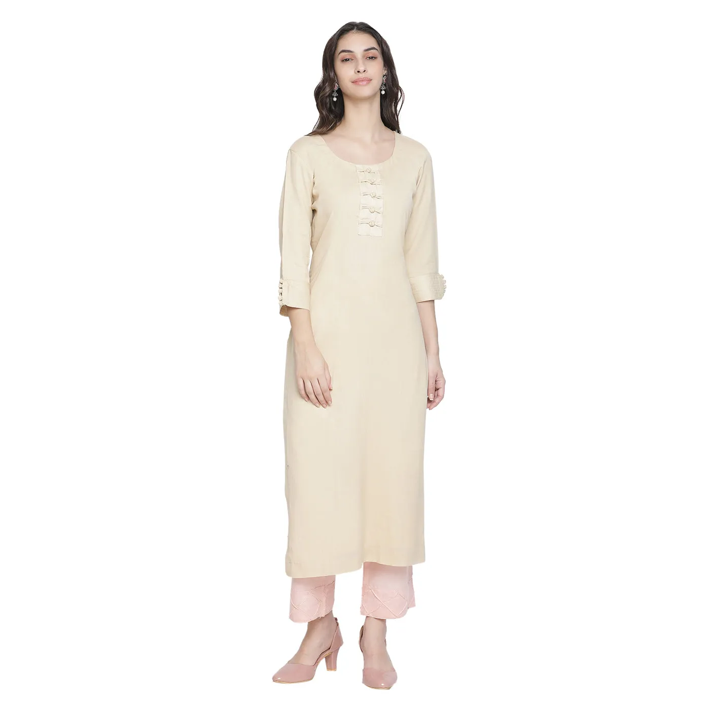 Chanderi Beige Cotton Tencel Suit Co-Ords Set