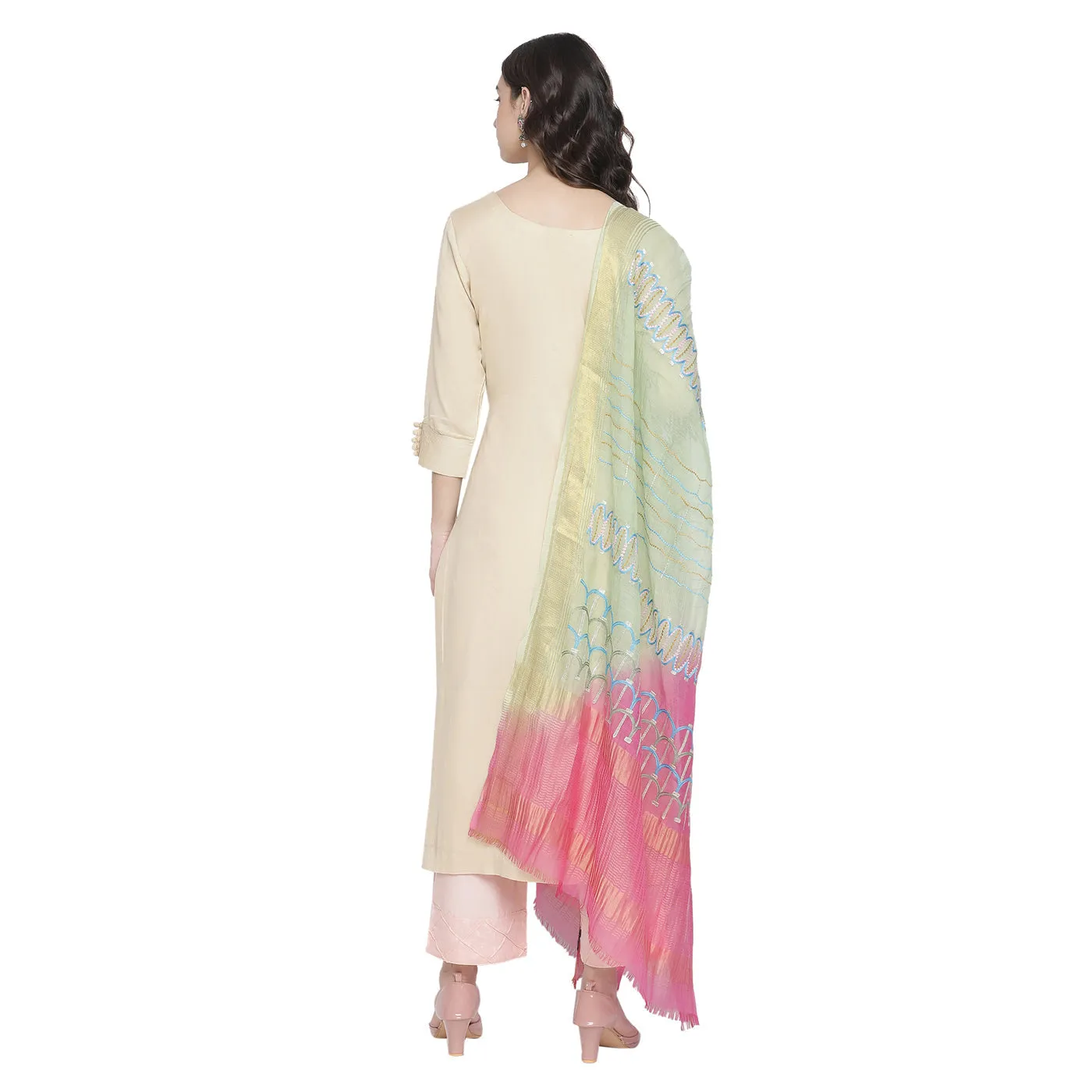 Chanderi Beige Cotton Tencel Suit Co-Ords Set
