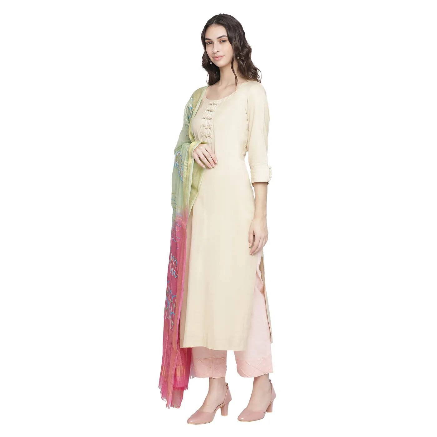 Chanderi Beige Cotton Tencel Suit Co-Ords Set
