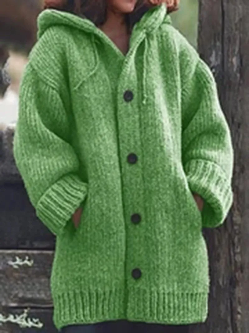 Coats Pocket Button Hooded Sweater Mid-Length Coat for Women