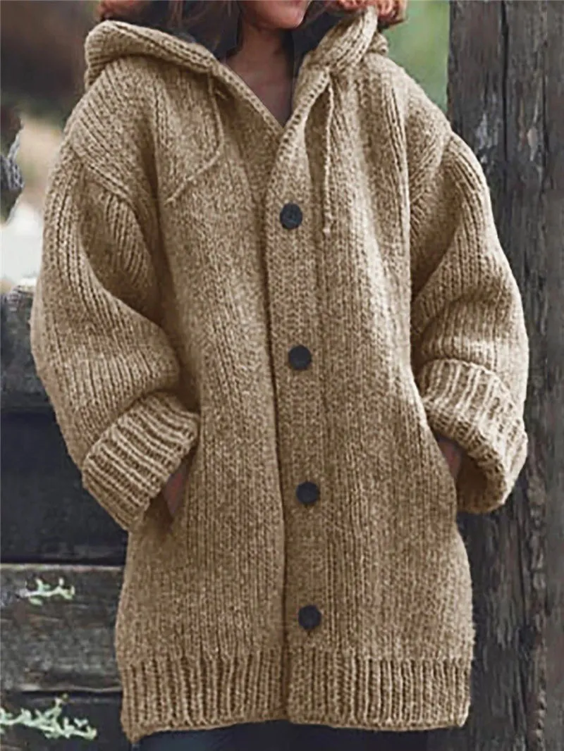 Coats Pocket Button Hooded Sweater Mid-Length Coat for Women