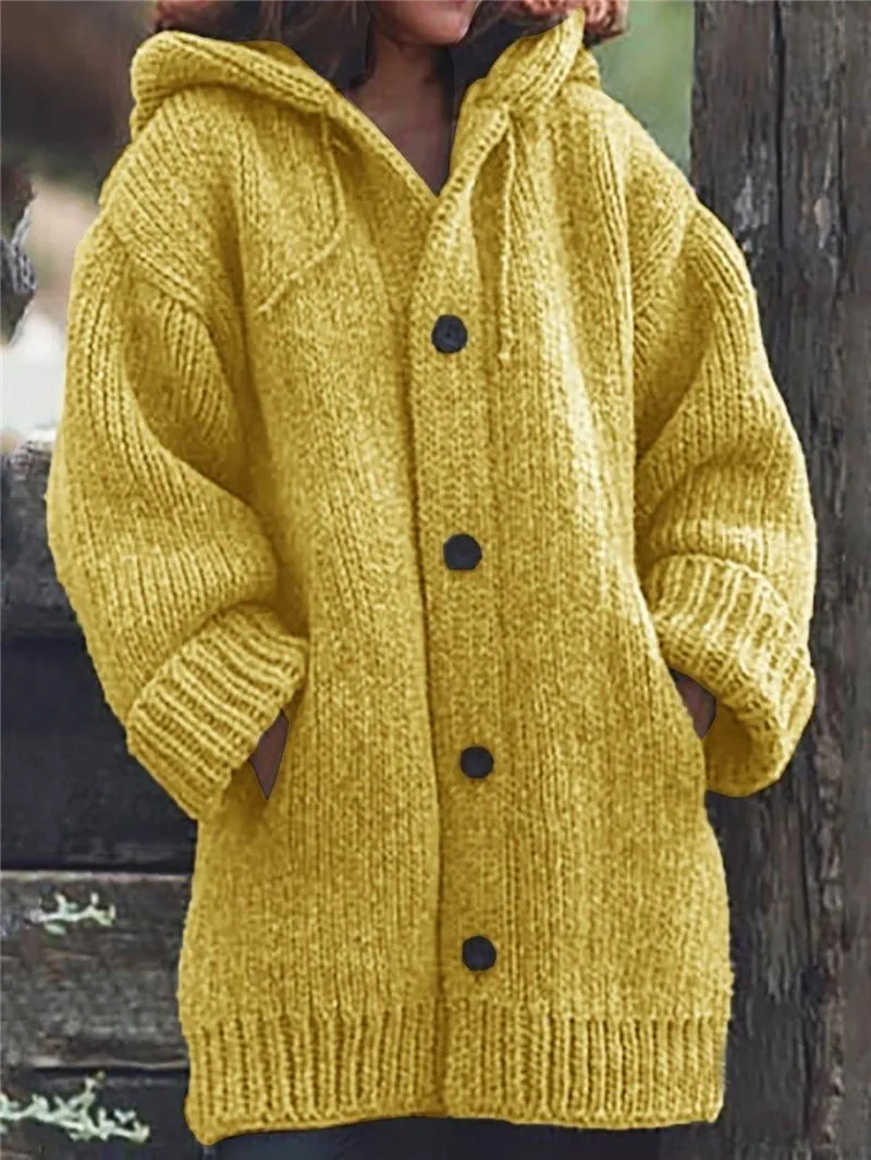 Coats Pocket Button Hooded Sweater Mid-Length Coat for Women