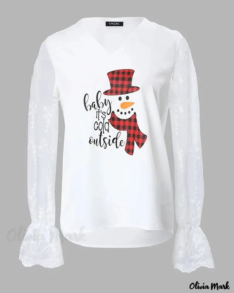 Deanwangkt - Christmas Snowman Print Contrast Lace Long Sleeve Top