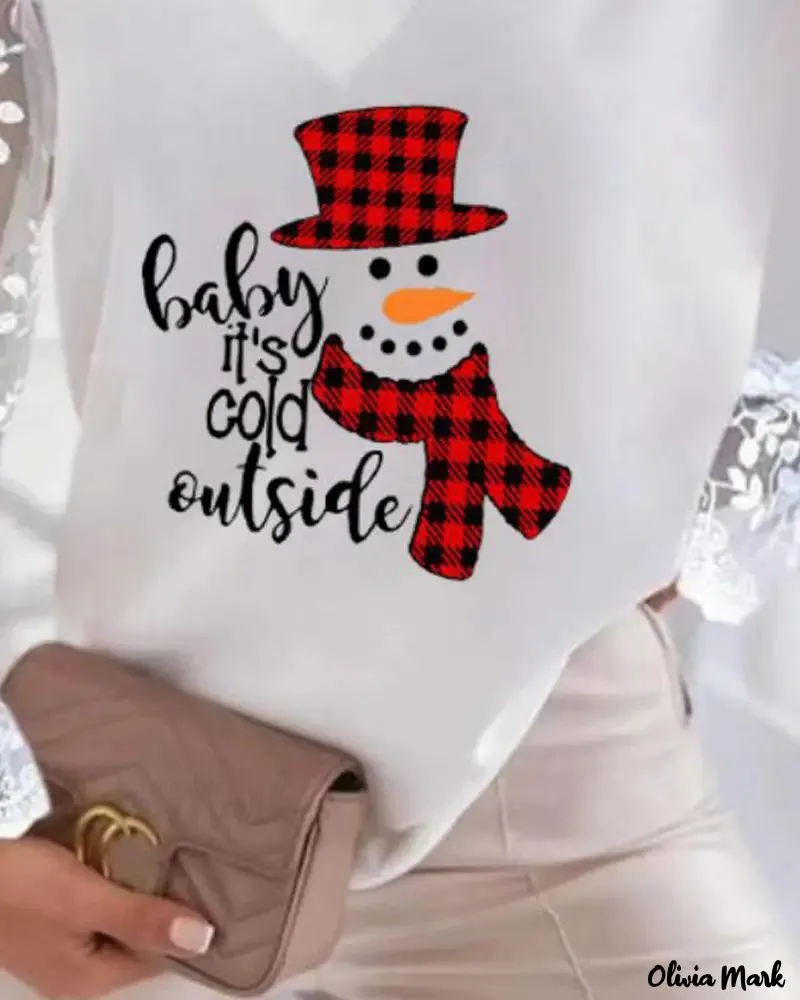 Deanwangkt - Christmas Snowman Print Contrast Lace Long Sleeve Top