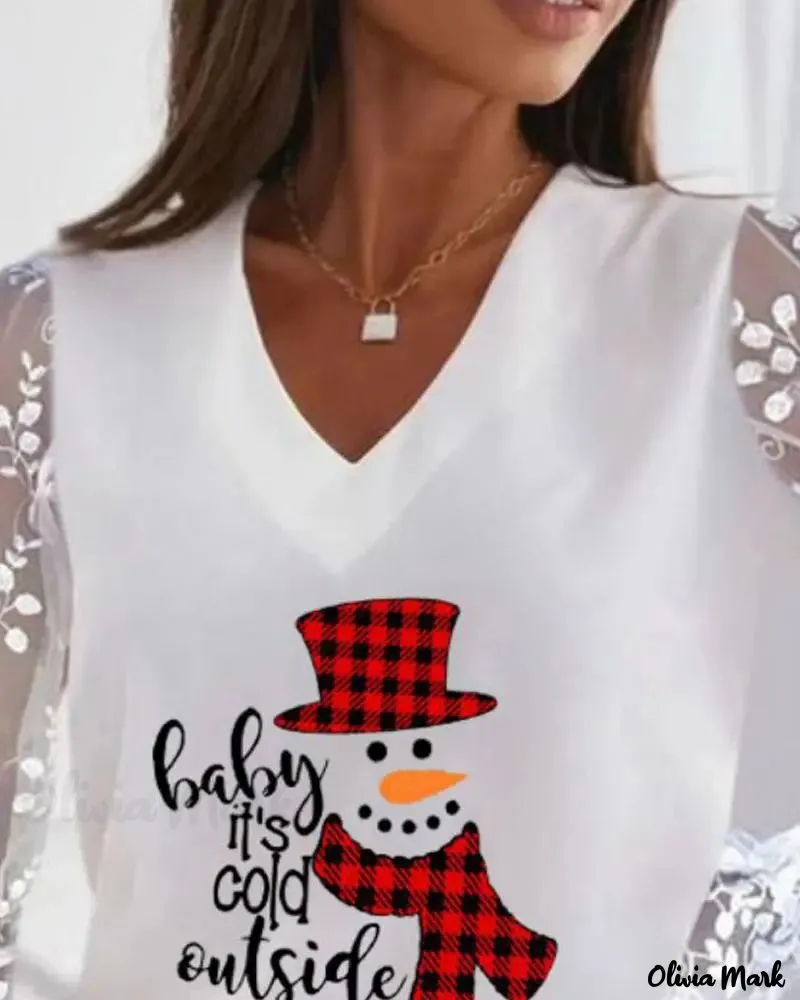 Deanwangkt - Christmas Snowman Print Contrast Lace Long Sleeve Top