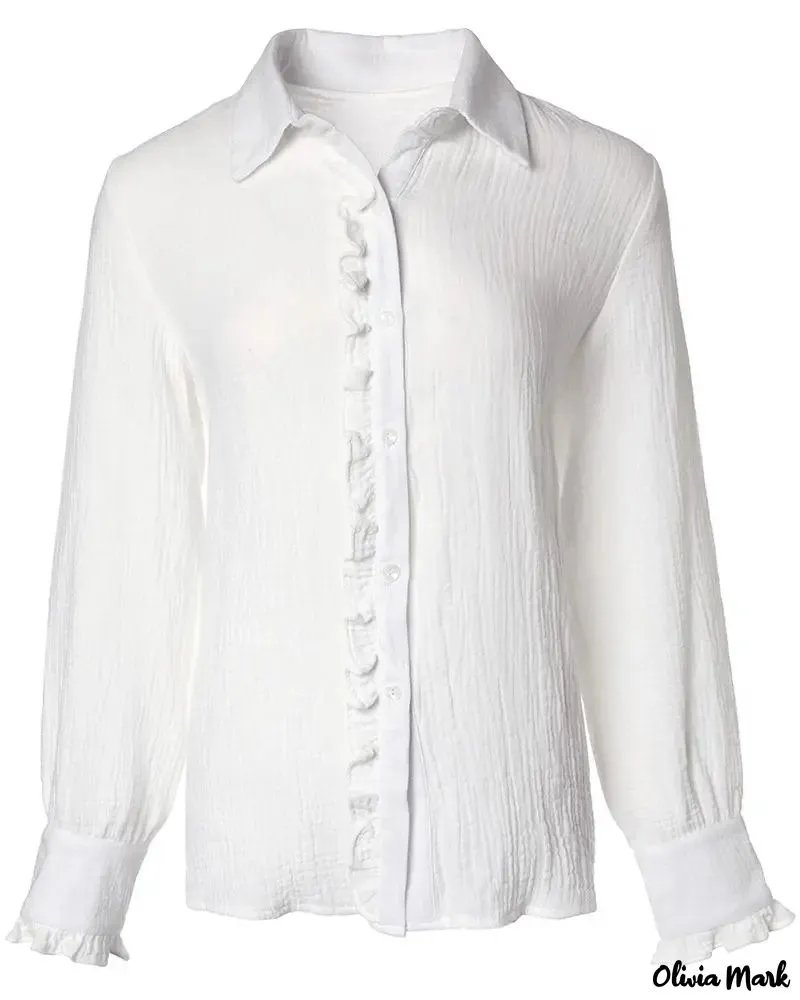 Deanwangkt - Long Sleeve Ruffle Hem Button Down Shirt