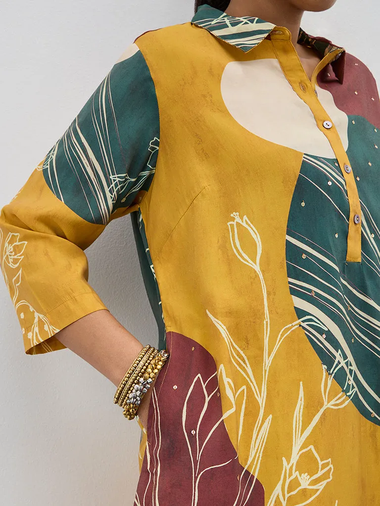 Diza Yellow Foliage Printed A-Line Kurta
