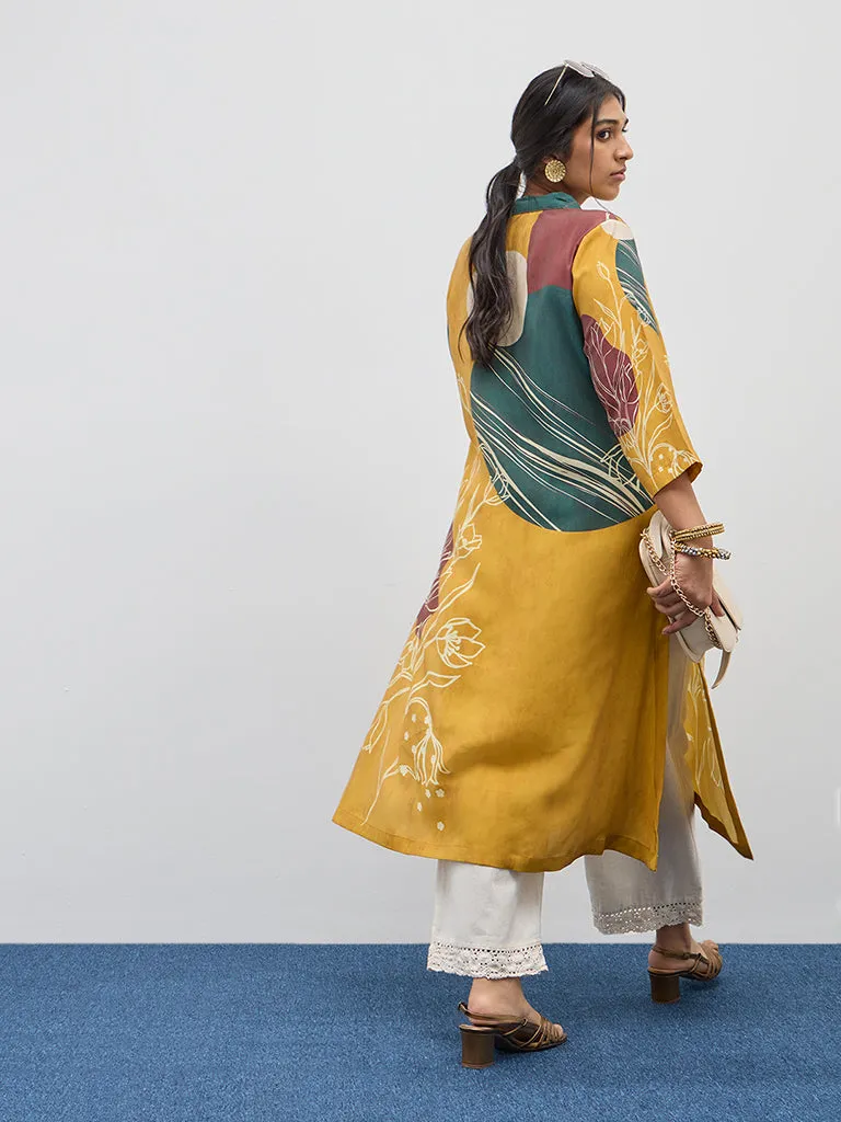 Diza Yellow Foliage Printed A-Line Kurta