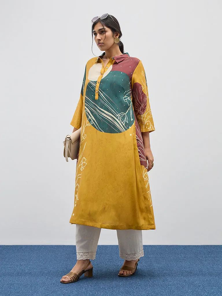 Diza Yellow Foliage Printed A-Line Kurta