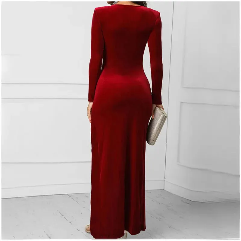 DressBetty - 2024 Spring Burgundy Velvet Casual Bodycon Vintage Maxi Dress