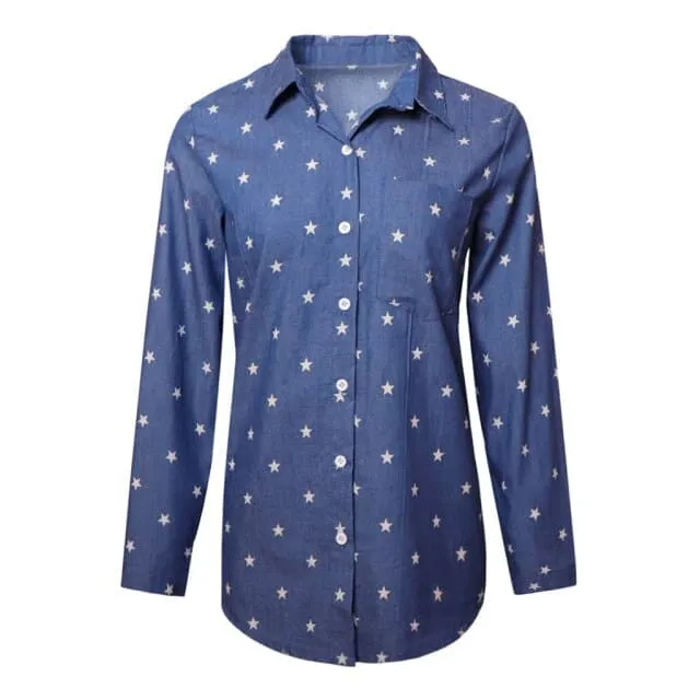 DressBetty - Fashion Women Shirts Atumn Casual Turndown Collar Long Sleeve Denim Star Printed Loose Blouse Tops Clothes