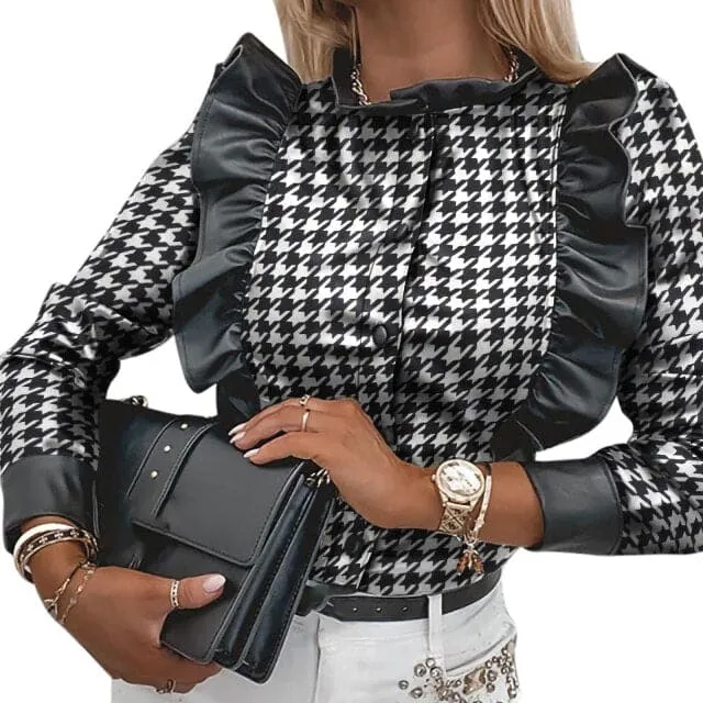 DressBetty - Leather Blouse Long Sleeve Round Collar Shirts