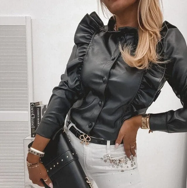 DressBetty - Leather Blouse Long Sleeve Round Collar Shirts