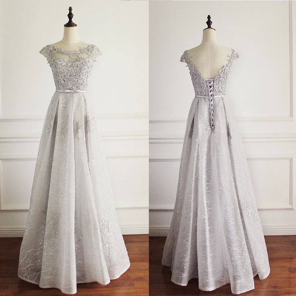 Elegant Light Grey Cap Sleeve Lac Prints Organza Appliques  A-line Lace Up Back Floor Length Bridesmaid Dresses, WG52