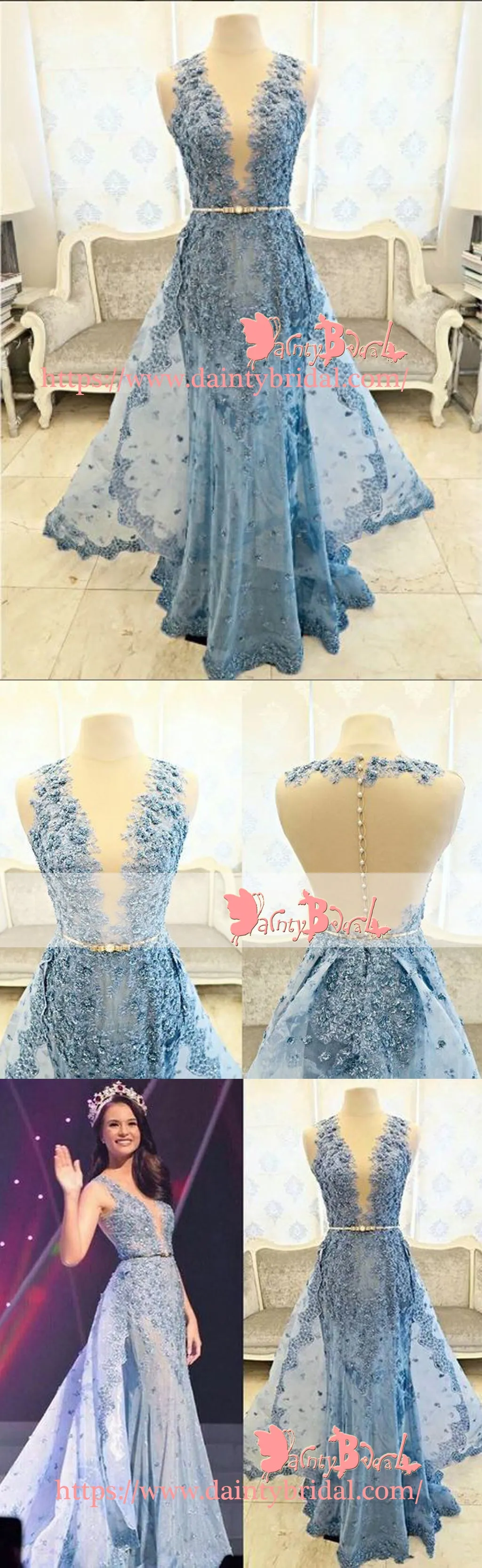 Fashion Blue Lace With Beading Sleeveless Split Neck Illusion Back A-line Long Prom Dresses. DB1048