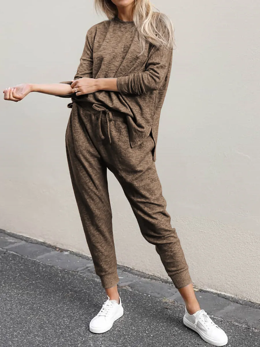 Fashion Casual Loose Solid Color Long Sleeve Round Neck Two-piece Suit