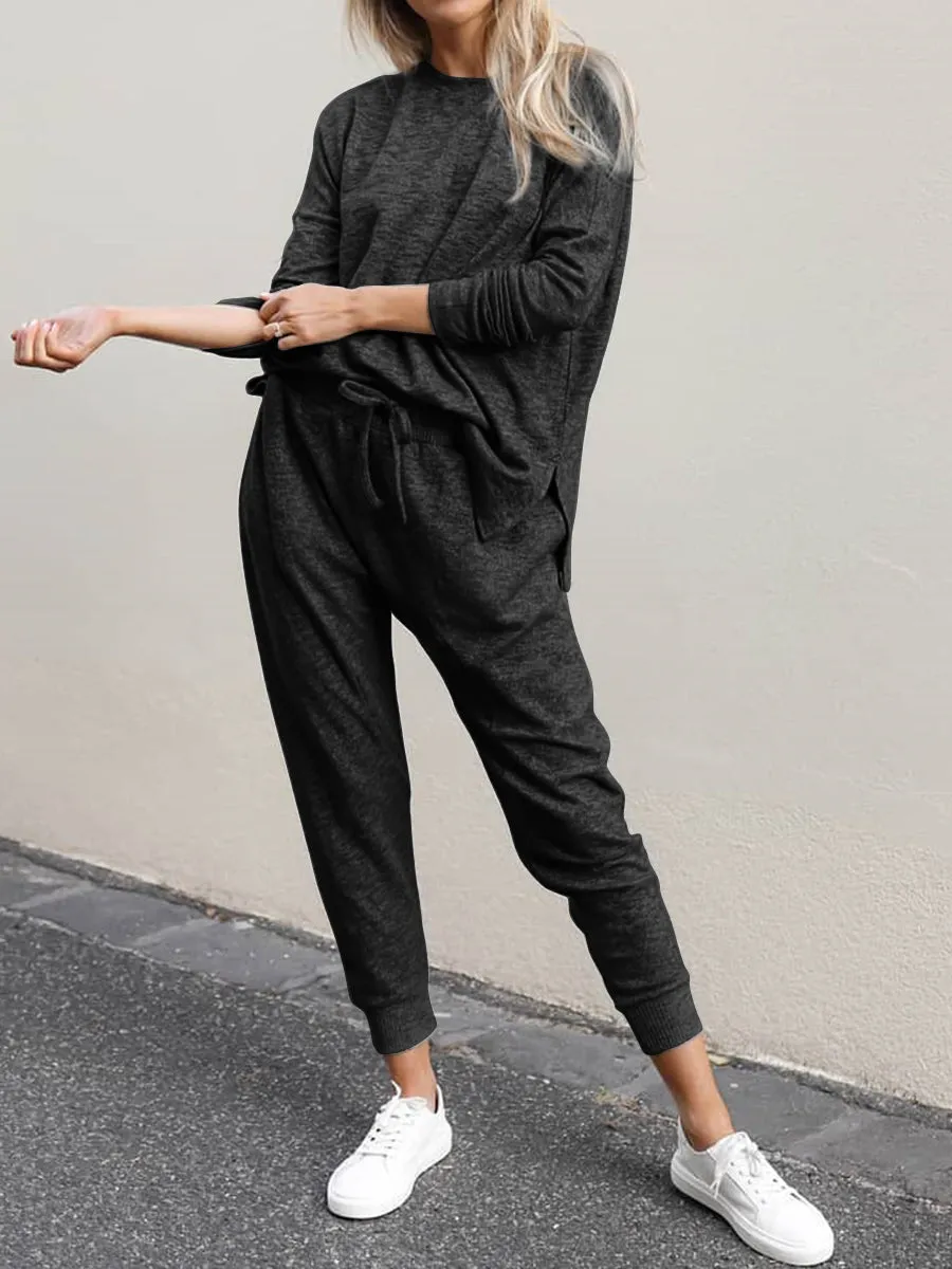 Fashion Casual Loose Solid Color Long Sleeve Round Neck Two-piece Suit