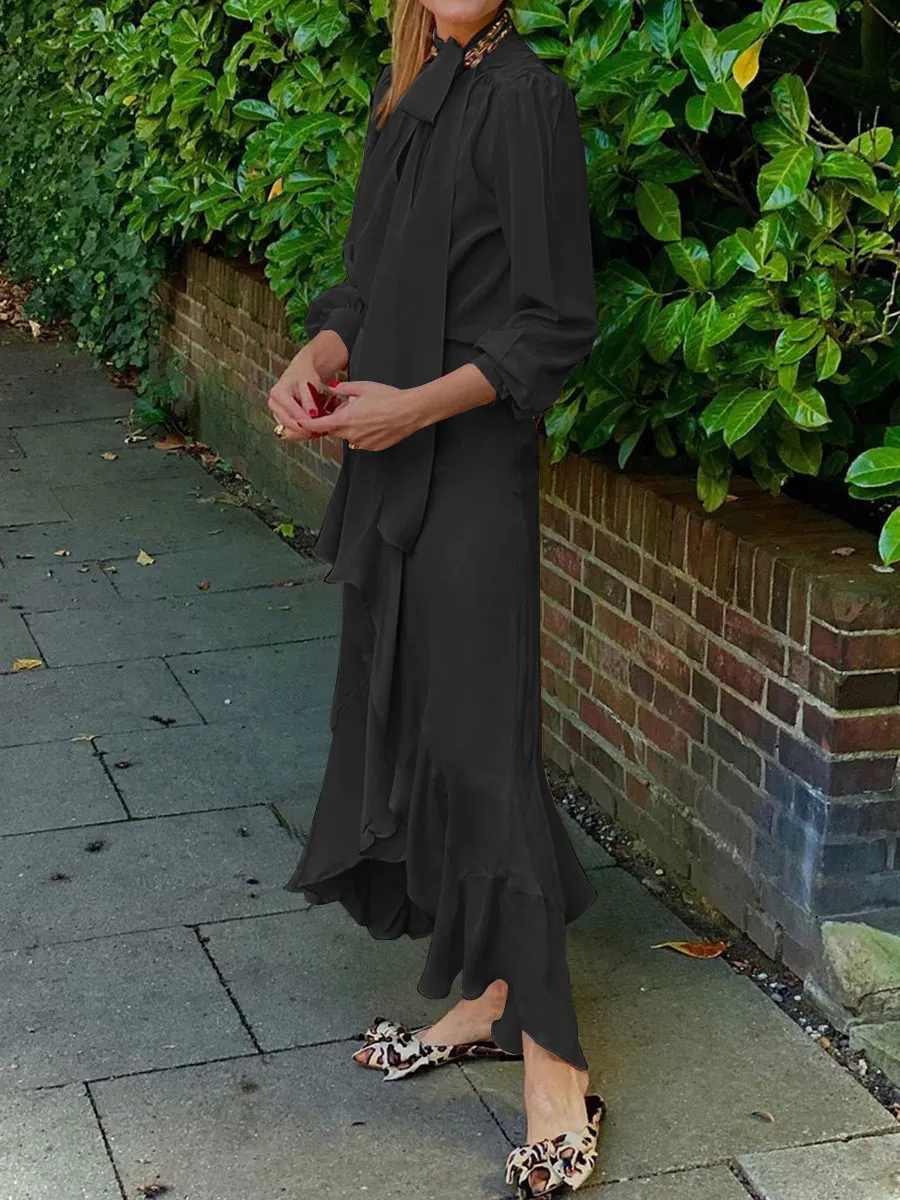 Fashion Casual Round Neck Long Sleeve Solid Color Ruffled Two-piece Suit
