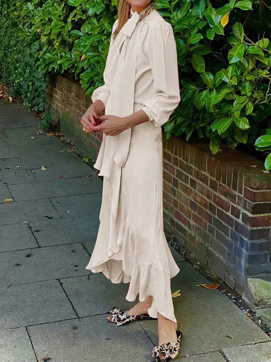 Fashion Casual Round Neck Long Sleeve Solid Color Ruffled Two-piece Suit