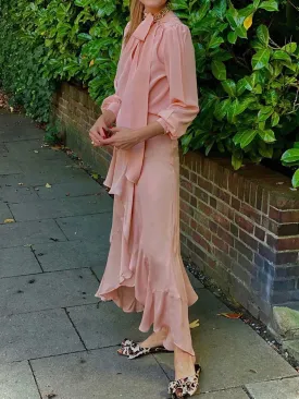 Fashion Casual Round Neck Long Sleeve Solid Color Ruffled Two-piece Suit
