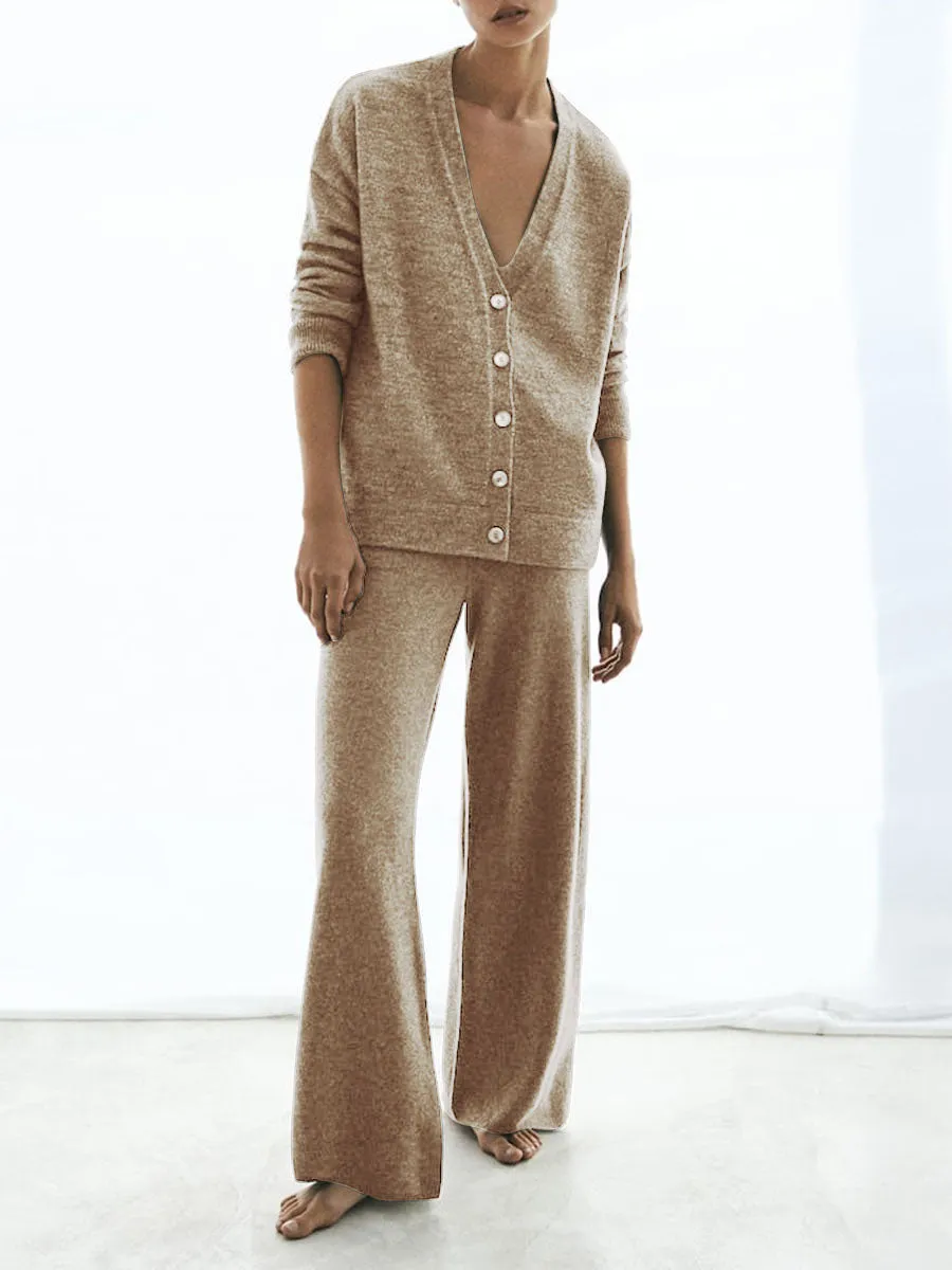 Fashion Casual Solid Color Cardigan Two-piece Suit